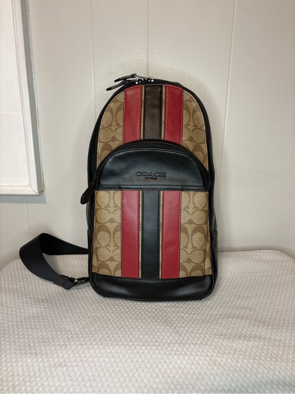 Coach Houston Pack Sling Bag in Signature Canvas with Varsity Stripe